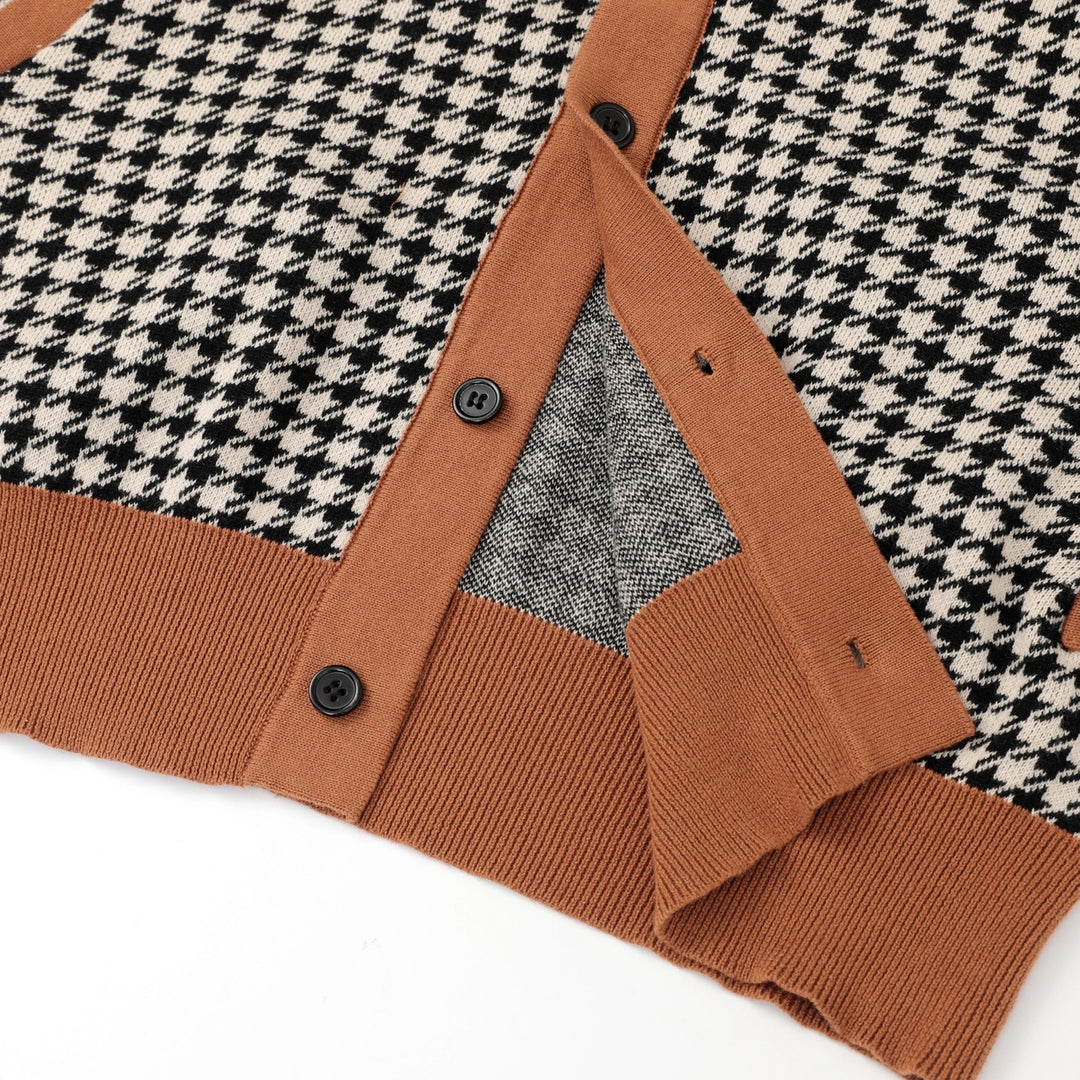 Men's Retro Black Houndstooth Classic Jacquard Knit Cardigan