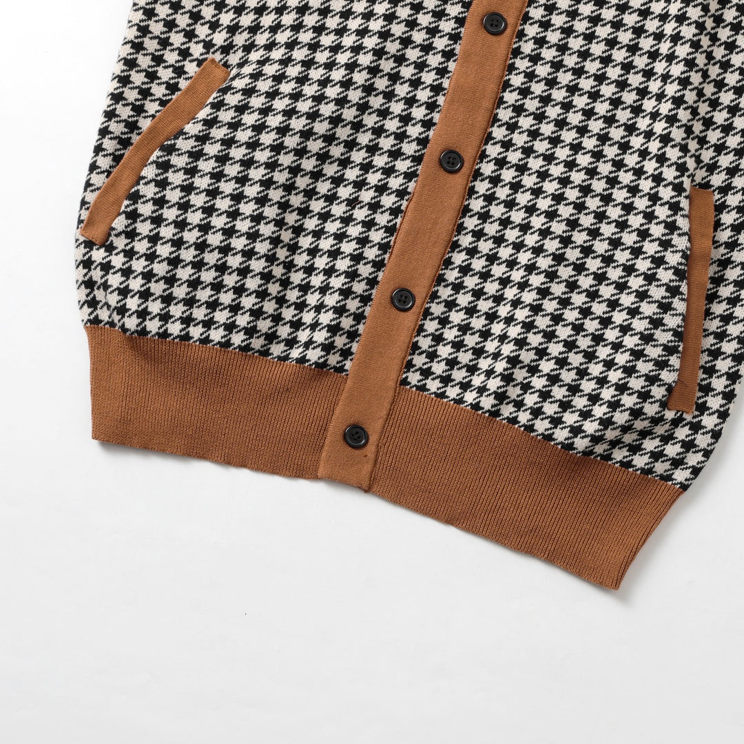 Men's Retro Black Houndstooth Classic Jacquard Knit Cardigan