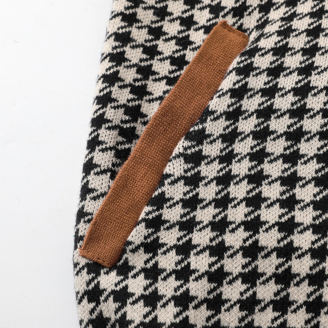 Men's Retro Black Houndstooth Classic Jacquard Knit Cardigan