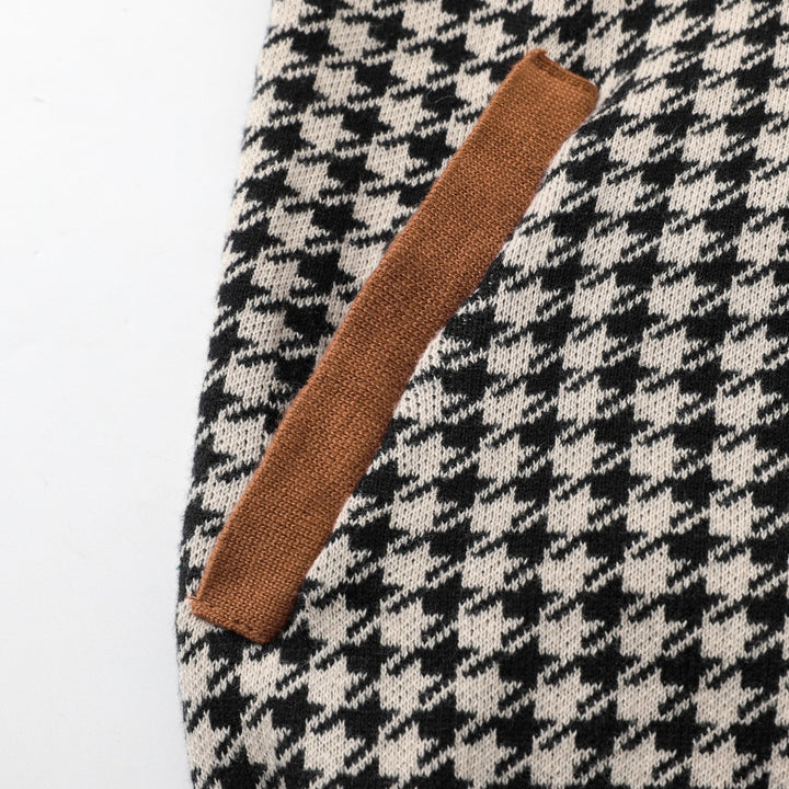 Men's Retro Black Houndstooth Classic Jacquard Knit Cardigan