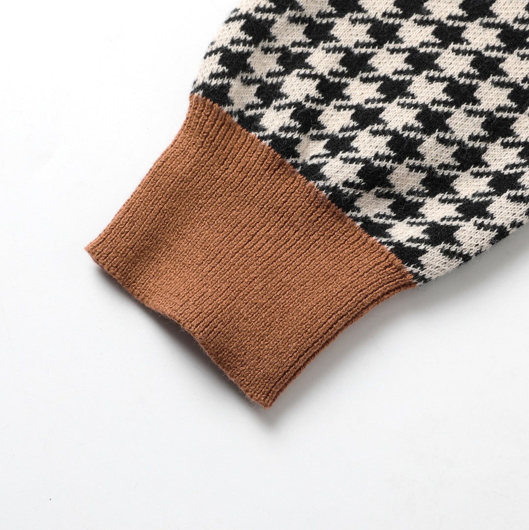 Men's Retro Black Houndstooth Classic Jacquard Knit Cardigan