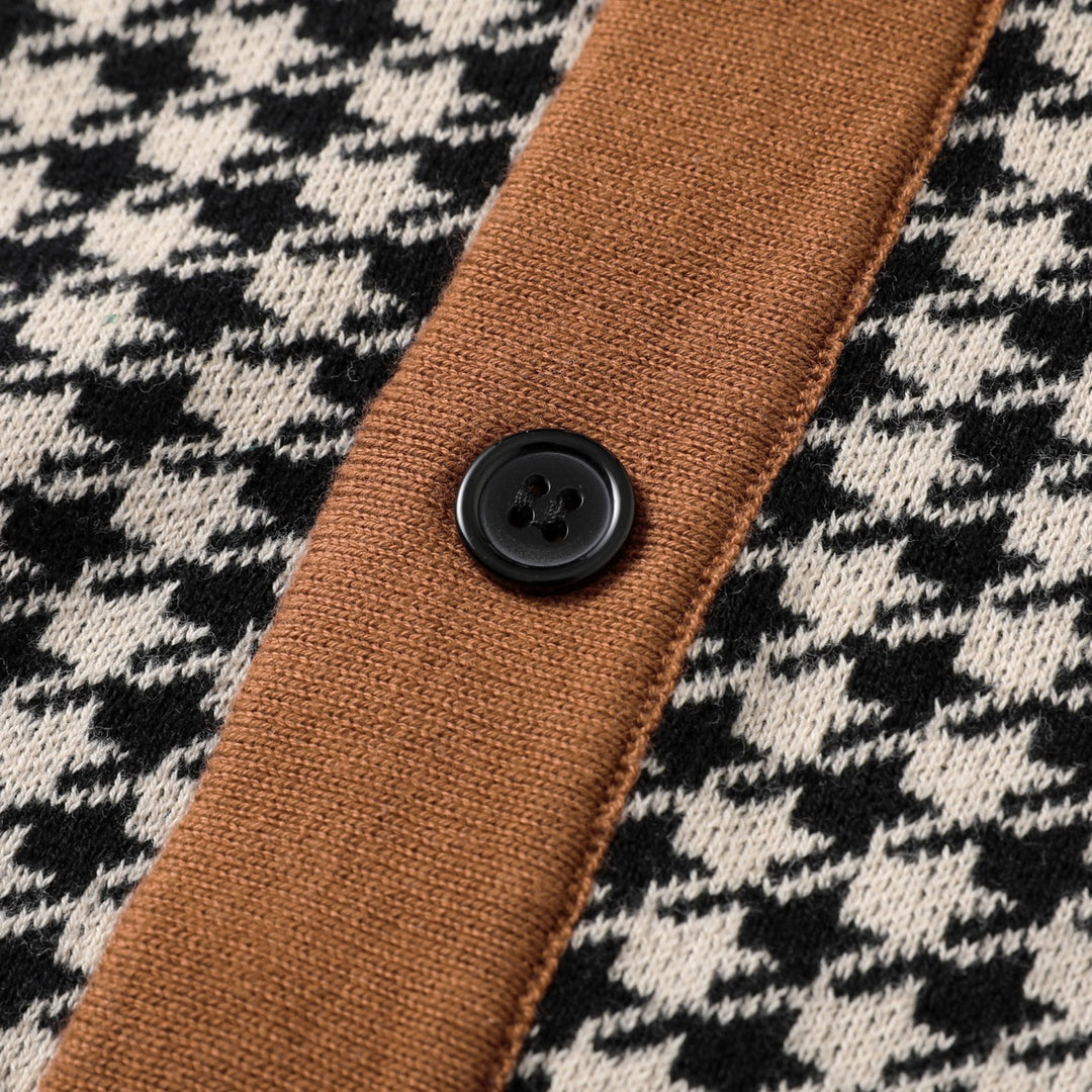 Men's Retro Black Houndstooth Classic Jacquard Knit Cardigan