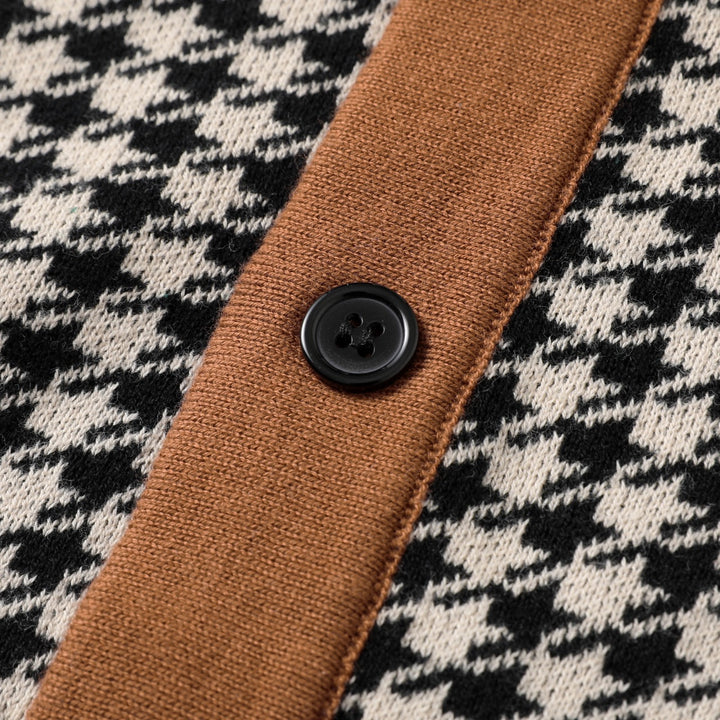 Men's Retro Black Houndstooth Classic Jacquard Knit Cardigan