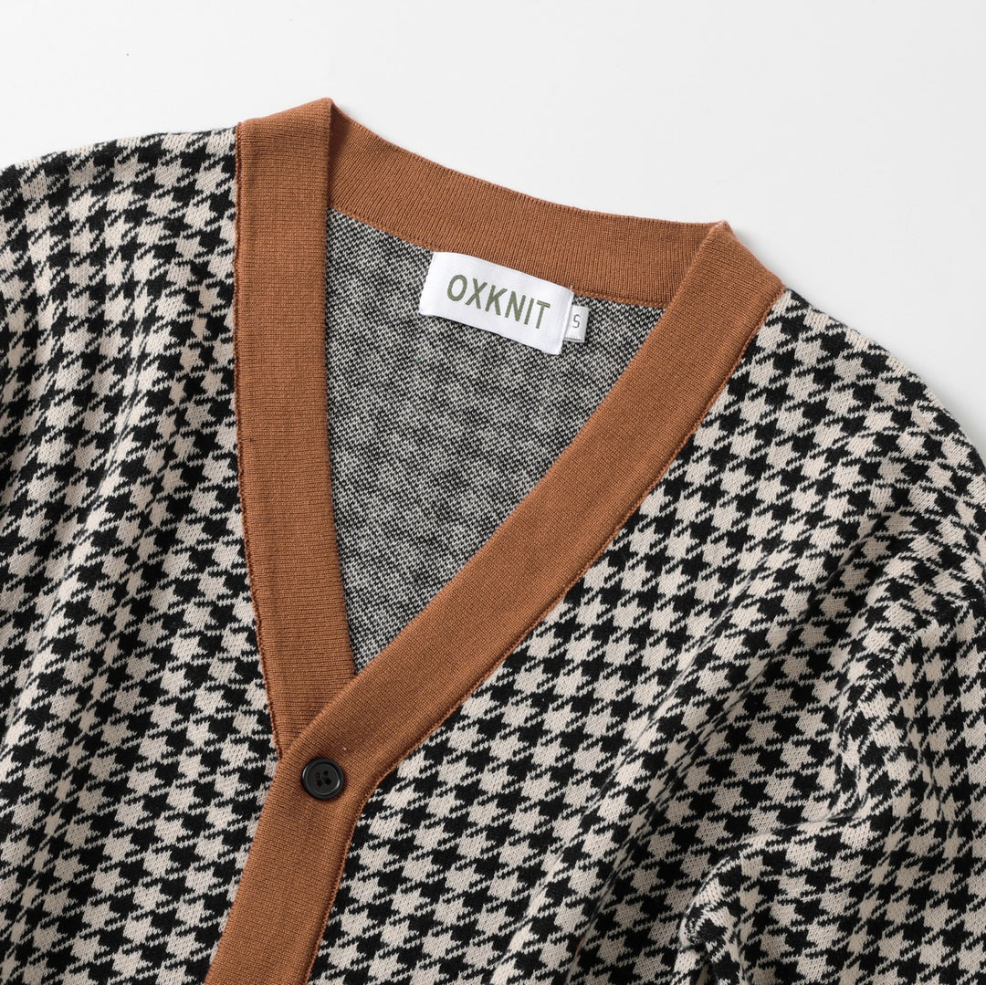 Men's Retro Black Houndstooth Classic Jacquard Knit Cardigan