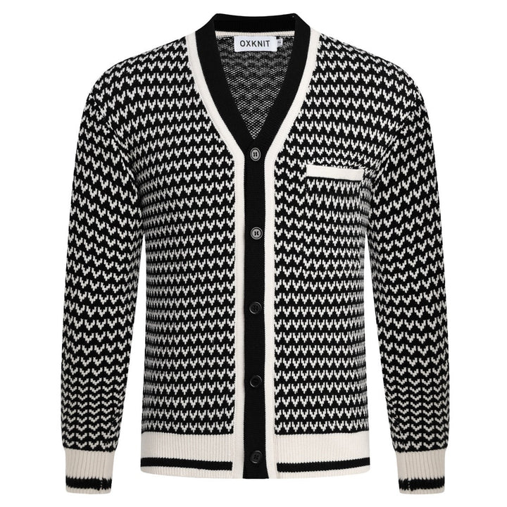 Herre Retro Svart 70-talls Klassisk Stripet Jacquardstrikket Cardigan