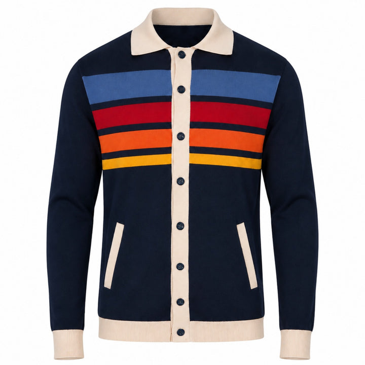 Men's 70s Navy Blue Classic Striped Jacquard Knit Cardigan