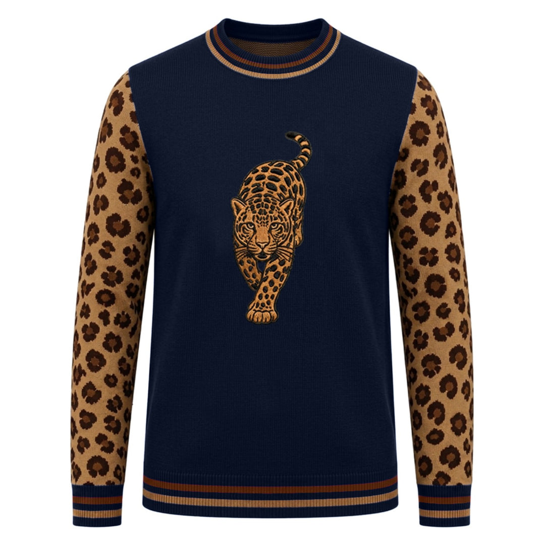 Men's 70s Retro Navy Blue Tiger Embroidered Knitwear