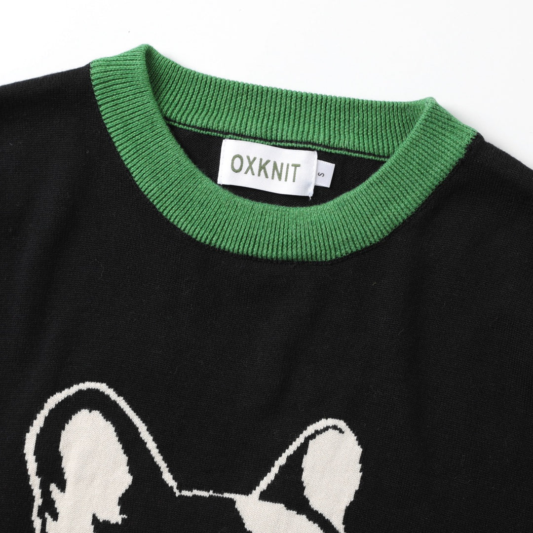 Maglione jacquard retrò anni '70 nero con Bulldog Francese da uomo