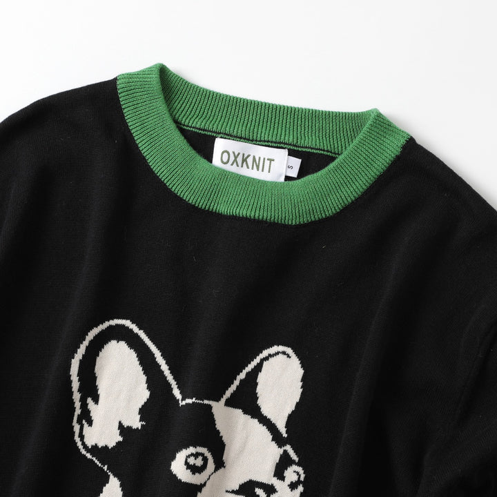 Maglione jacquard retrò anni '70 nero con Bulldog Francese da uomo