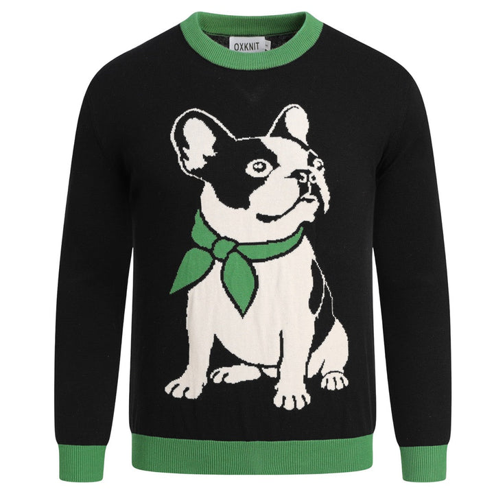 Maglione jacquard retrò anni '70 nero con Bulldog Francese da uomo
