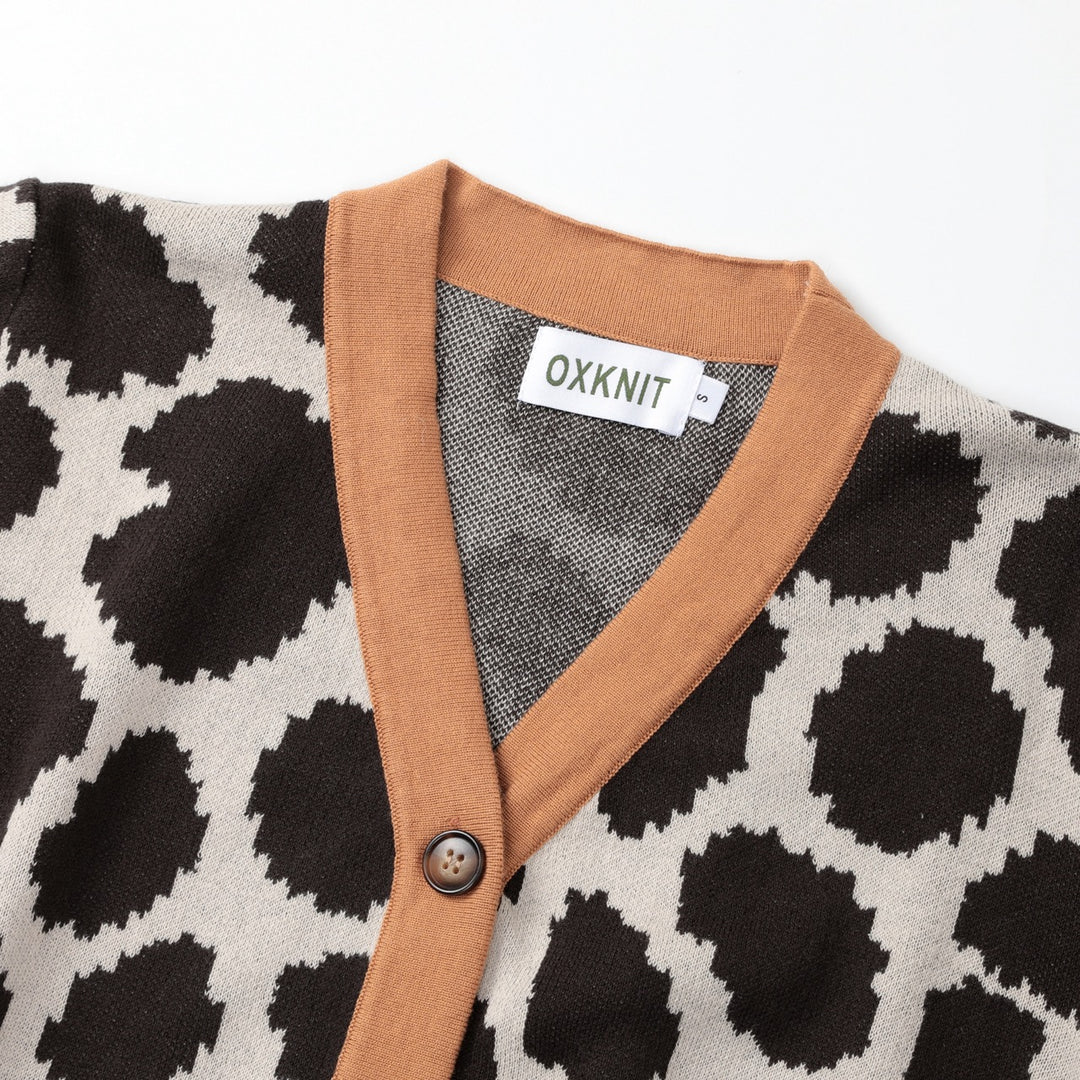 Cardigan en maille jacquard à imprimé léopard rétro des années 70 pour femme