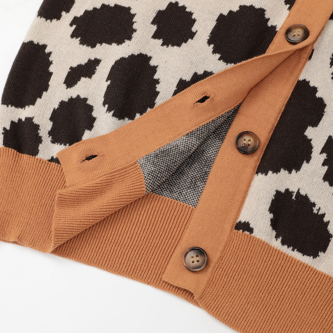 Cardigan en maille jacquard à imprimé léopard rétro des années 70 pour femme