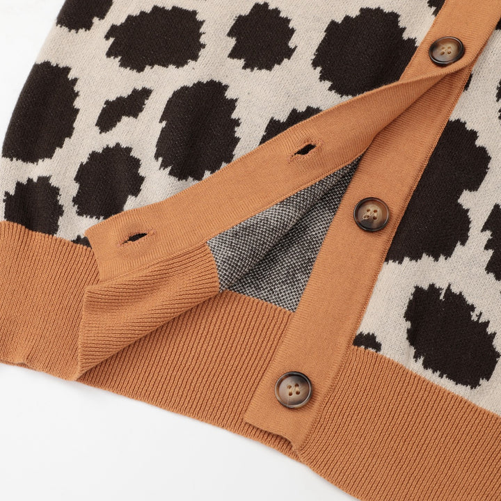 Cardigan en maille jacquard à imprimé léopard rétro des années 70 pour femme