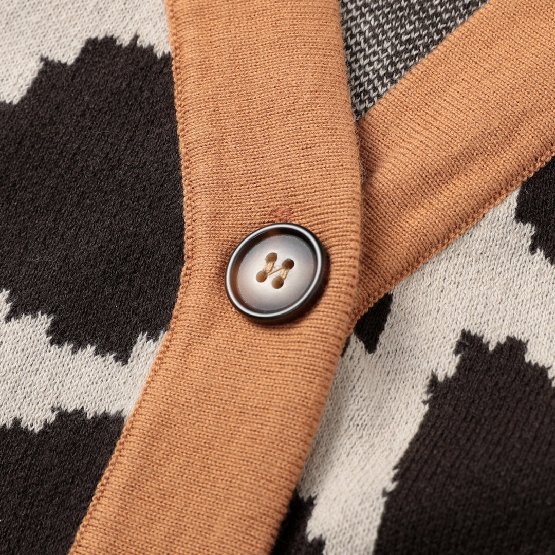 Cardigan en maille jacquard à imprimé léopard rétro des années 70 pour femme