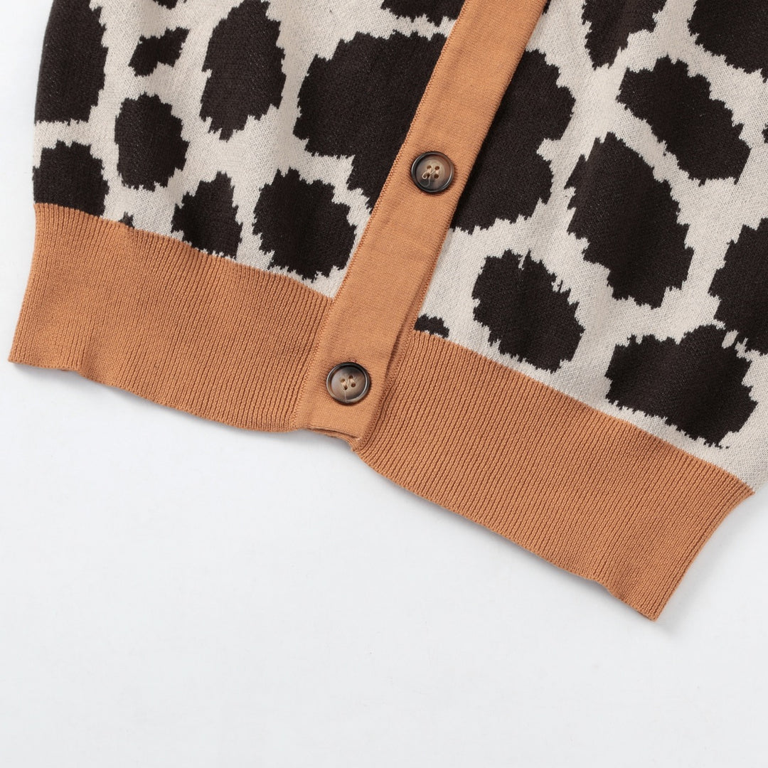 Cardigan en maille jacquard à imprimé léopard rétro des années 70 pour femme