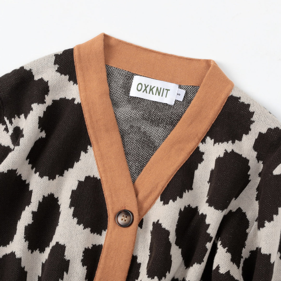 Cardigan en maille jacquard à imprimé léopard rétro des années 70 pour femme
