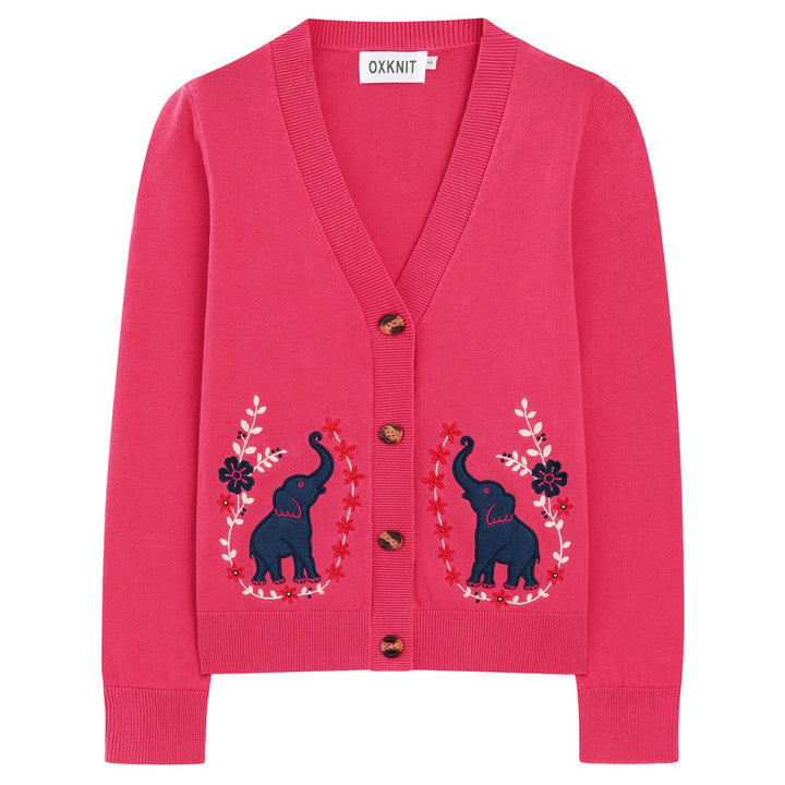 Cardigan en maille brodé éléphant rose rétro années 70 pour femme