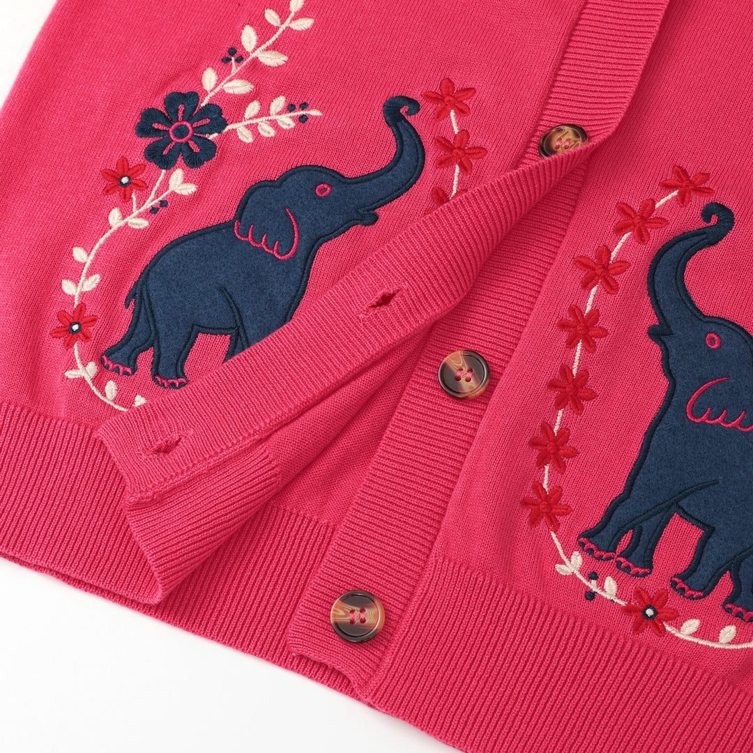 Cardigan en maille brodé éléphant rose rétro années 70 pour femme