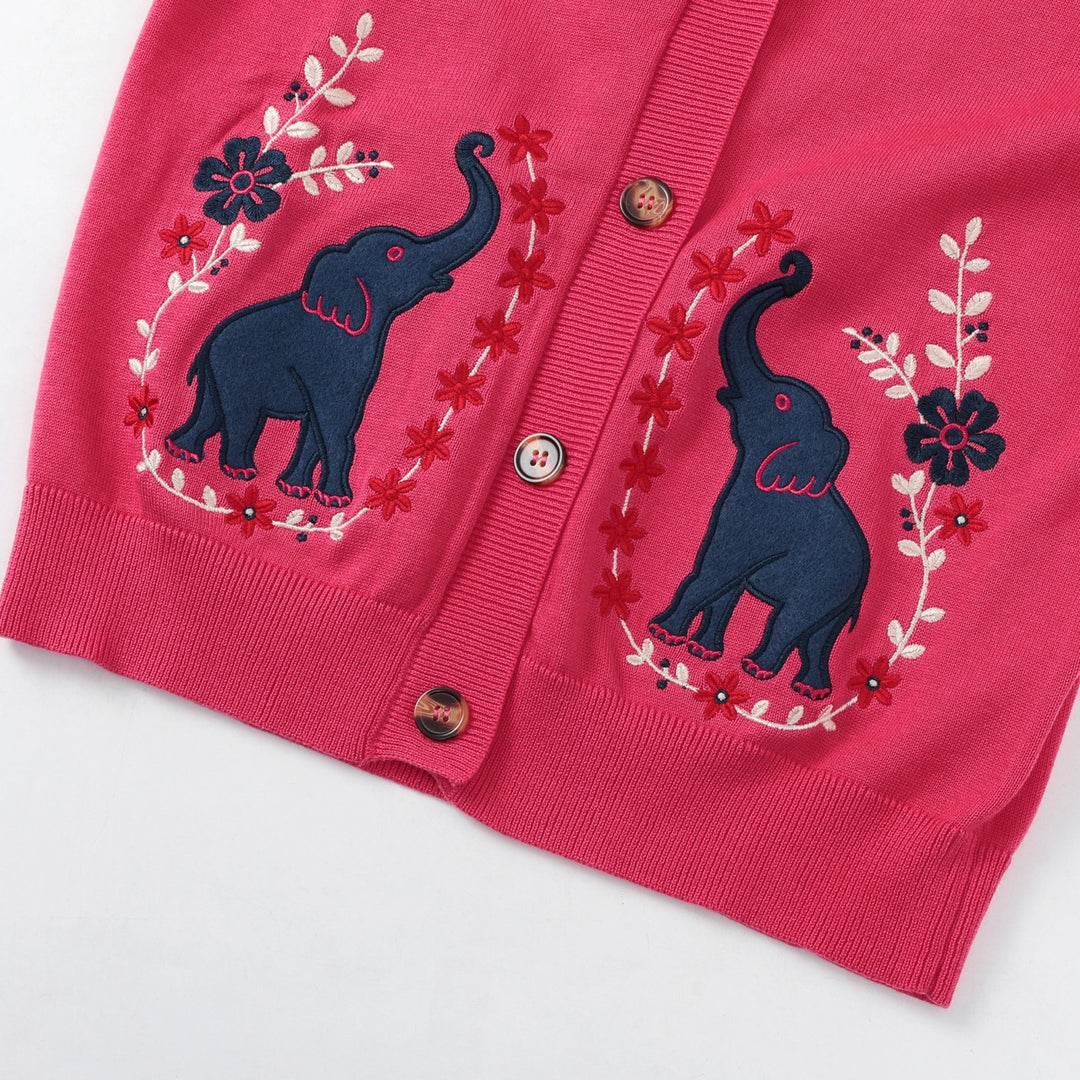 Cardigan en maille brodé éléphant rose rétro années 70 pour femme