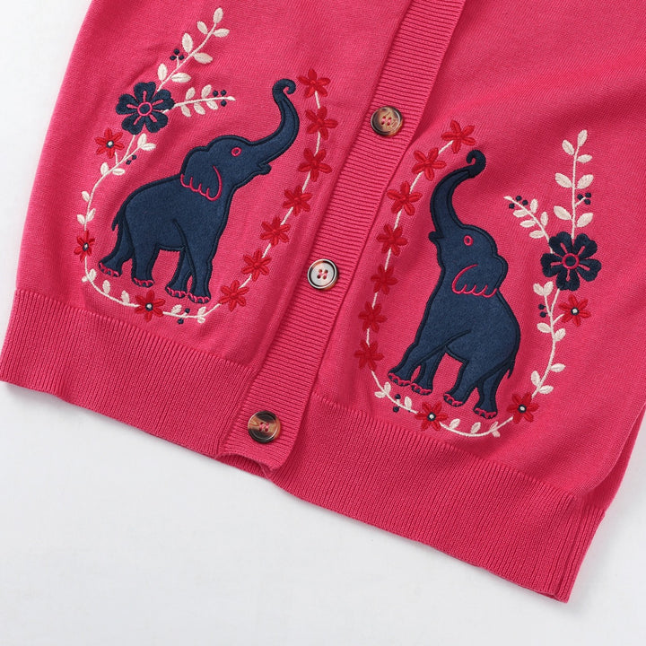Cardigan en maille brodé éléphant rose rétro années 70 pour femme