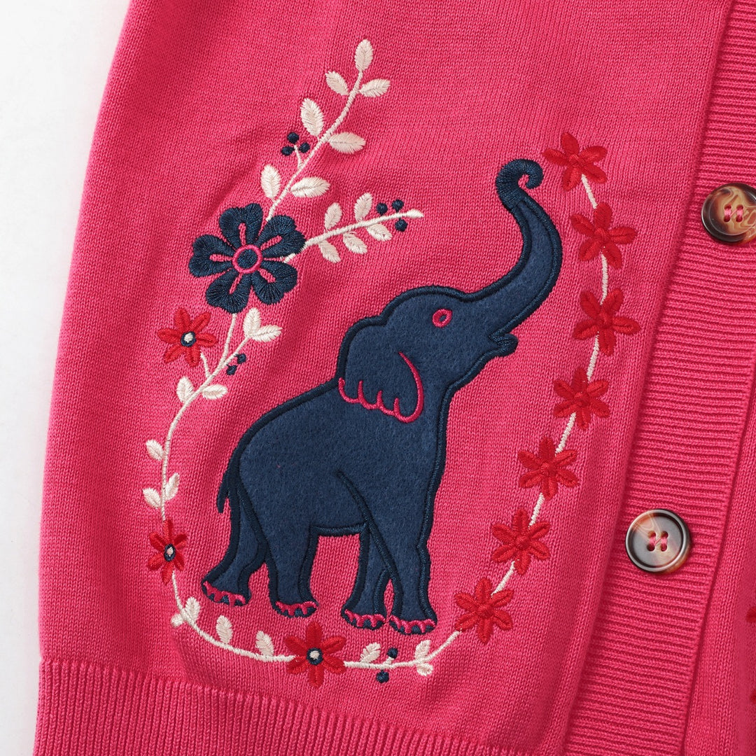 Cardigan en maille brodé éléphant rose rétro années 70 pour femme