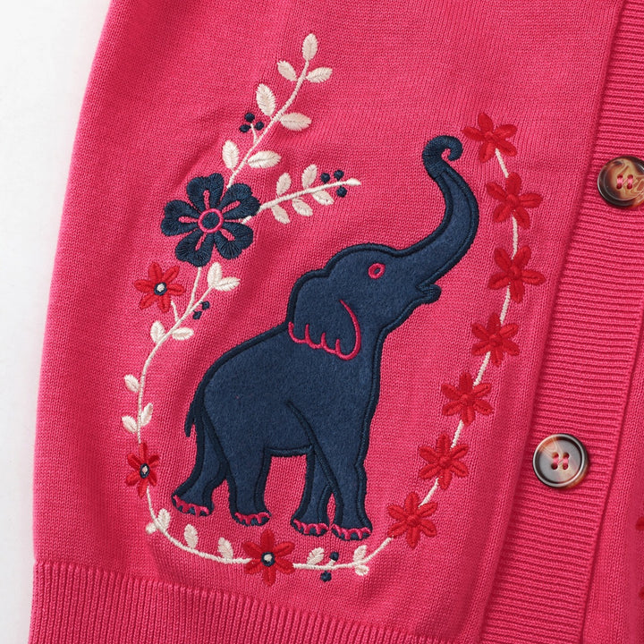 Cardigan en maille brodé éléphant rose rétro années 70 pour femme