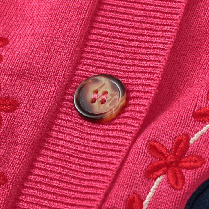 Cardigan en maille brodé éléphant rose rétro années 70 pour femme