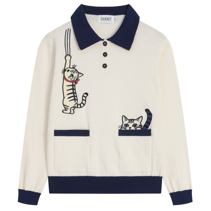 Dame 70'er Retro Abrikos Kat Broderi Polo Striktrøje