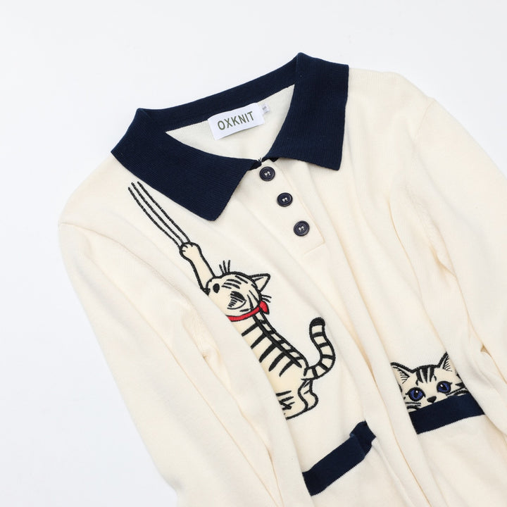 Dame 70'er Retro Abrikos Kat Broderi Polo Striktrøje