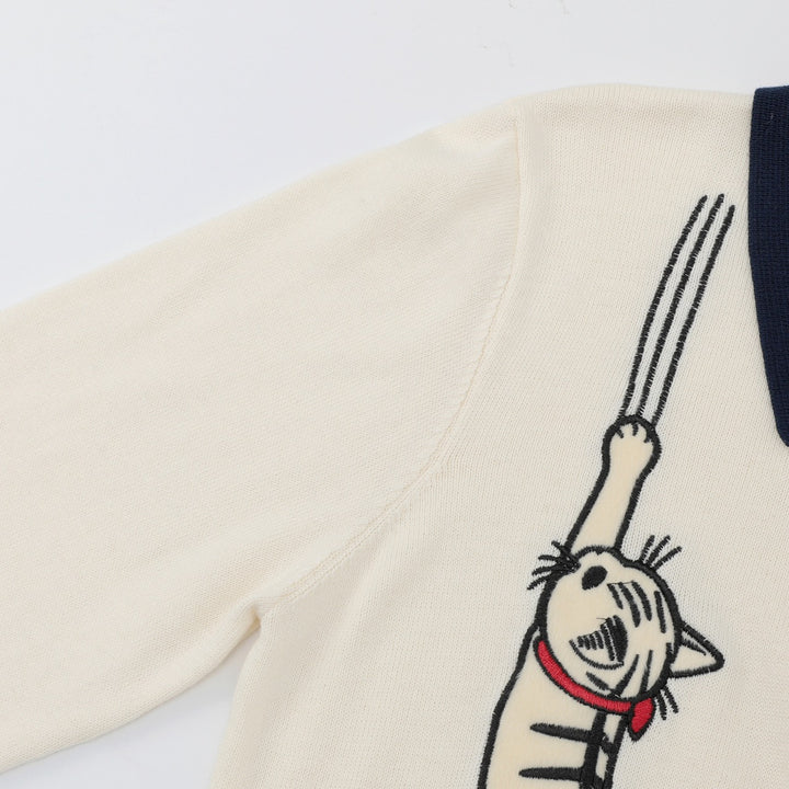 Dame 70'er Retro Abrikos Kat Broderi Polo Striktrøje