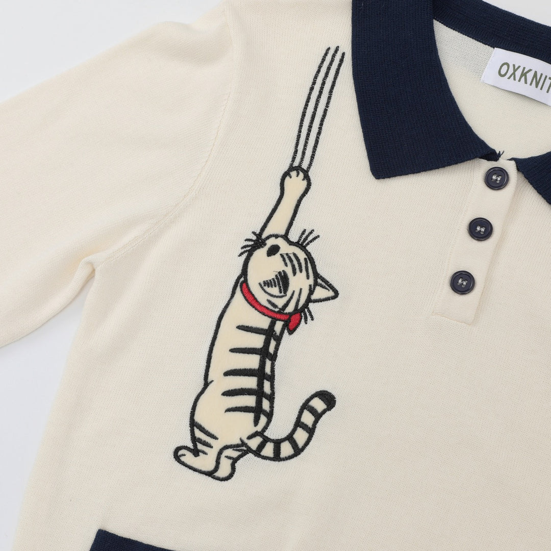 Dame 70'er Retro Abrikos Kat Broderi Polo Striktrøje