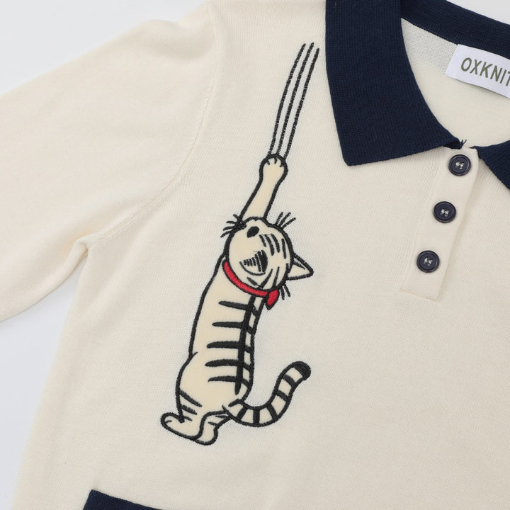 Dame 70'er Retro Abrikos Kat Broderi Polo Striktrøje