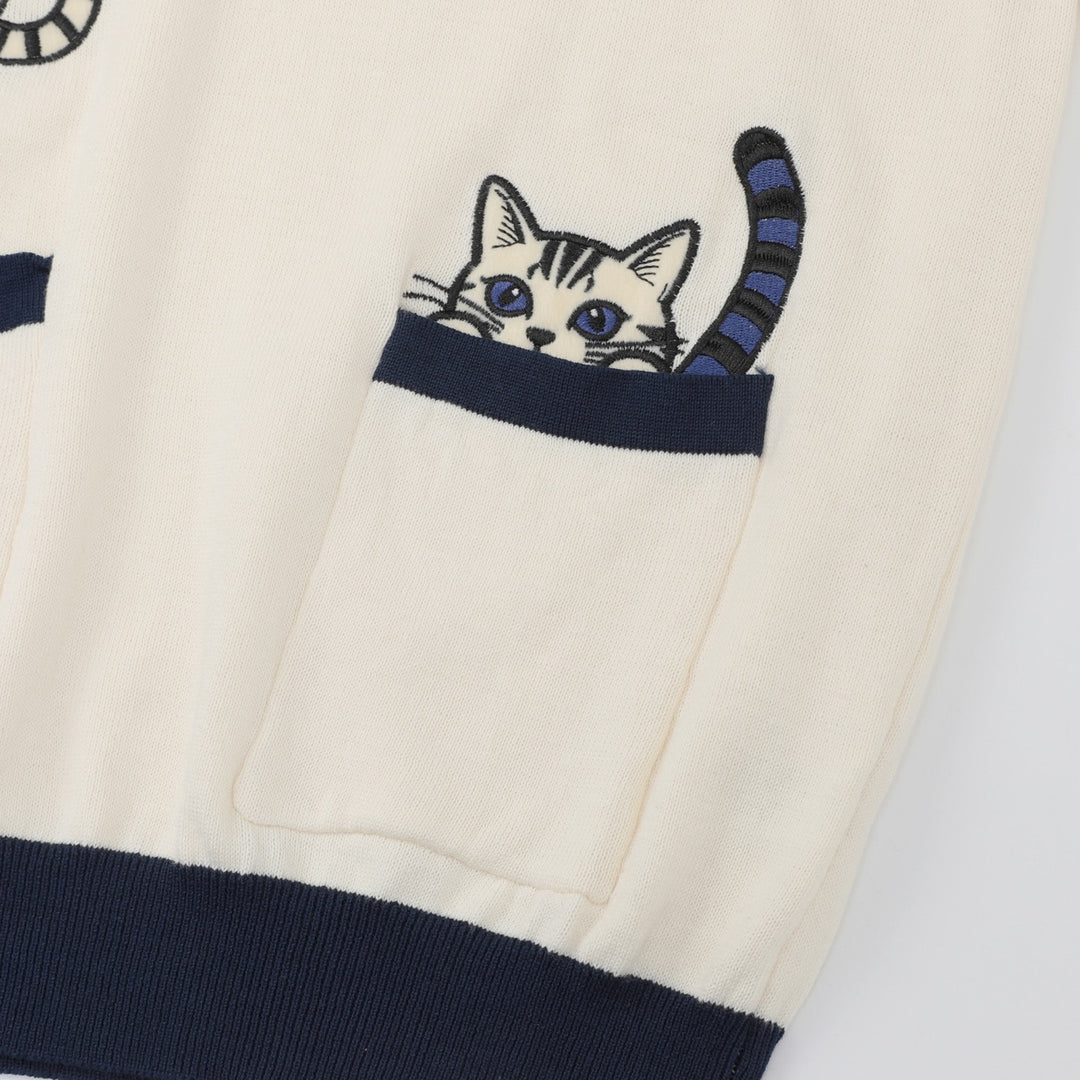 Dame 70'er Retro Abrikos Kat Broderi Polo Striktrøje
