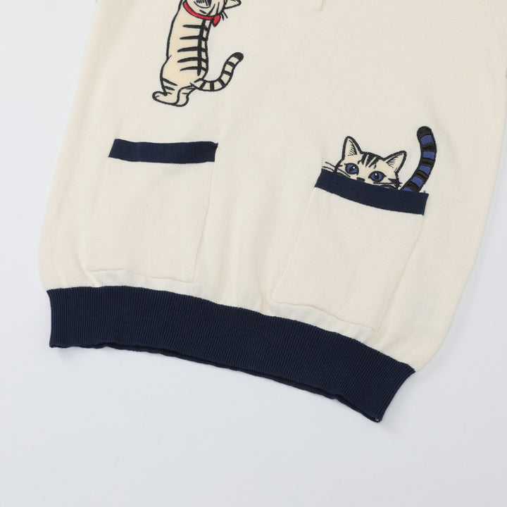 Dame 70'er Retro Abrikos Kat Broderi Polo Striktrøje