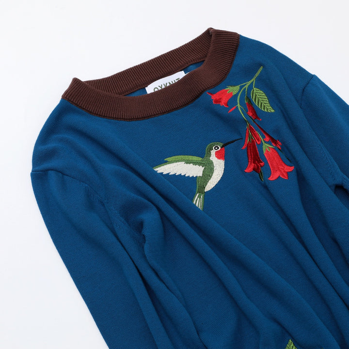 Women's vintage hummingbird embroidery knitwear