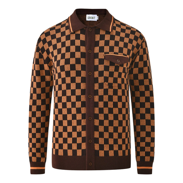 Men's Vintage Brown Classic Check Jacquard Knit Cardigan