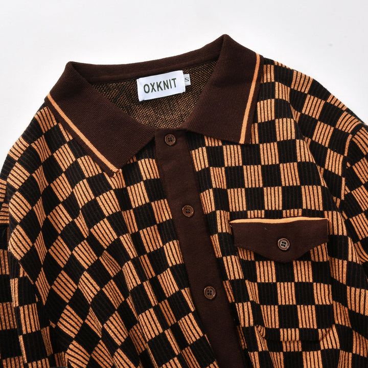 Men's Vintage Brown Classic Check Jacquard Knit Cardigan