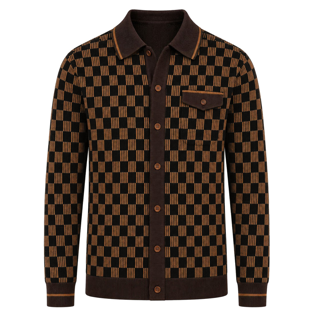 Men's Vintage Brown Classic Check Jacquard Knit Cardigan – OXKnit