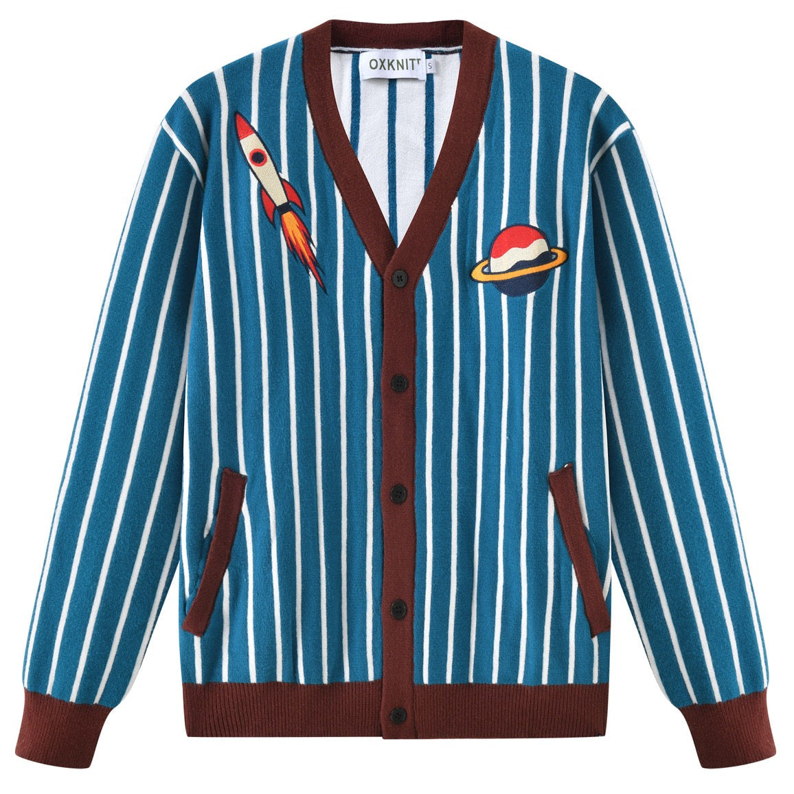 Men's 70s Blue Striped Planet Rocket Embroidery Knit Cardigan – OXKnit