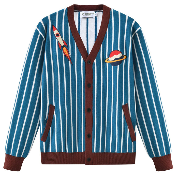 Heren 70s Blauwe Gestreepte Planeet Raket Geborduurde Gebreide Vest