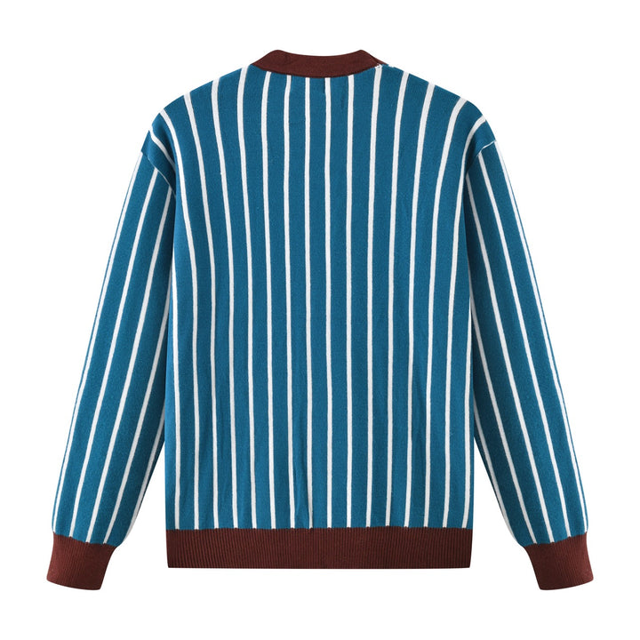 Heren 70s Blauwe Gestreepte Planeet Raket Geborduurde Gebreide Vest