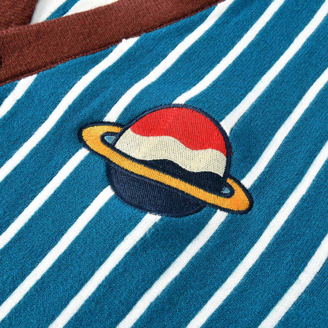 Heren 70s Blauwe Gestreepte Planeet Raket Geborduurde Gebreide Vest