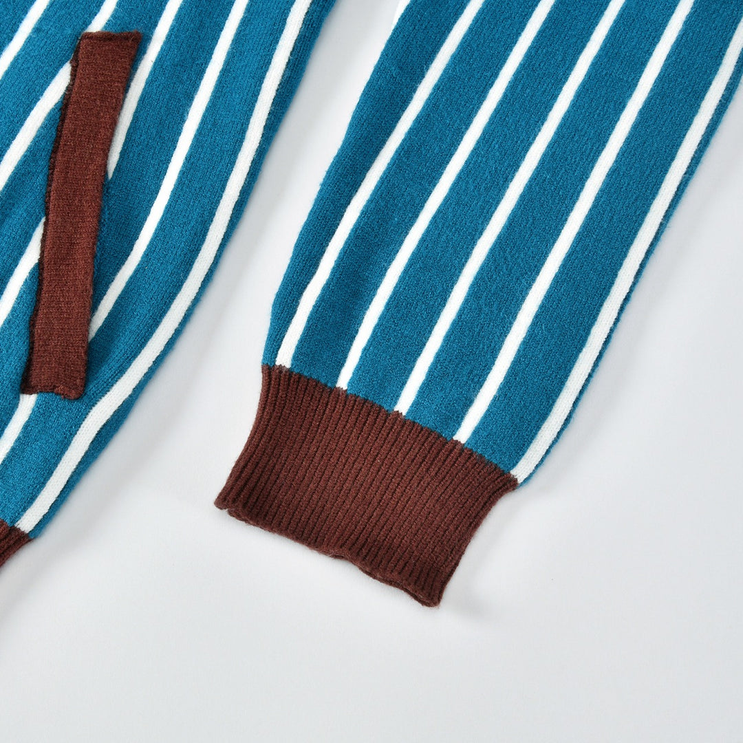 Heren 70s Blauwe Gestreepte Planeet Raket Geborduurde Gebreide Vest
