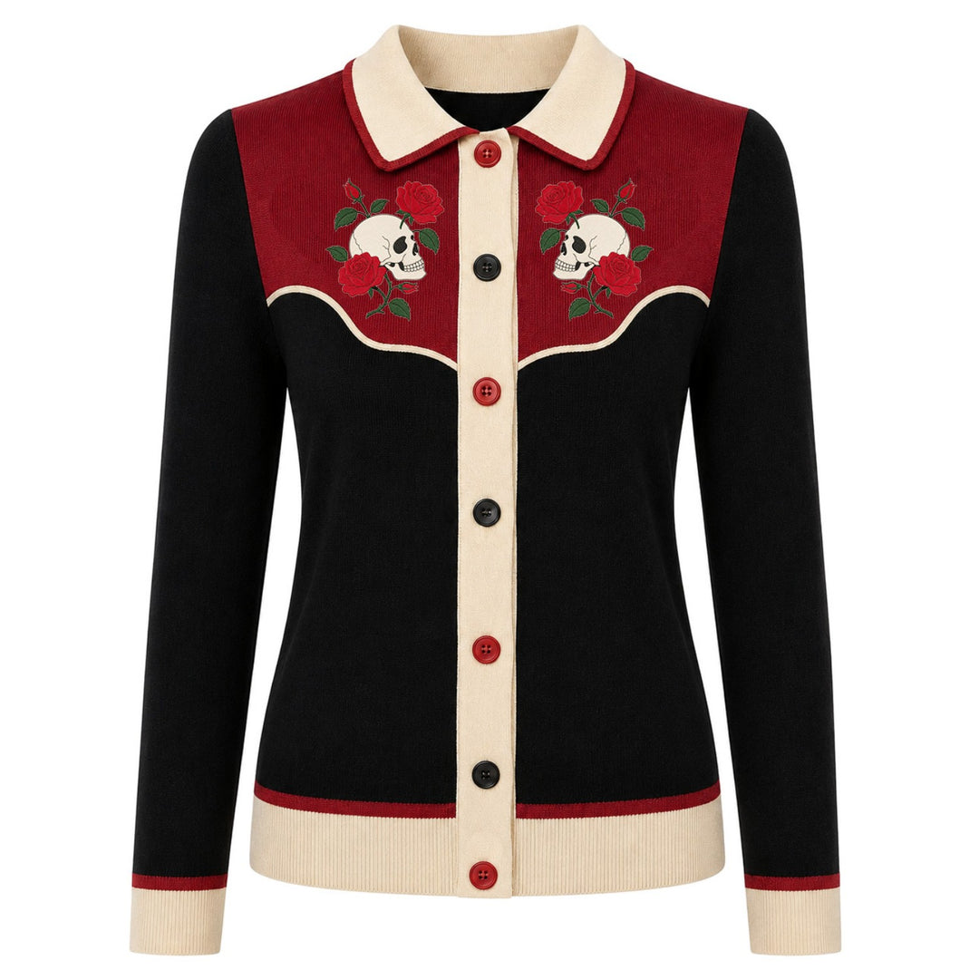 Cárdigan de punto retro para mujer con bordado de cohete y planeta