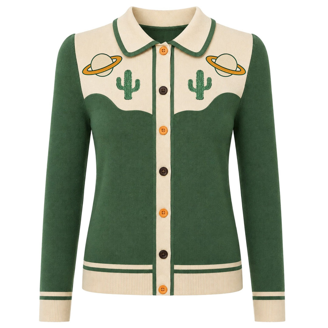 Women's Vintage Green Planet Cactus Embroidery Knit Cardigan