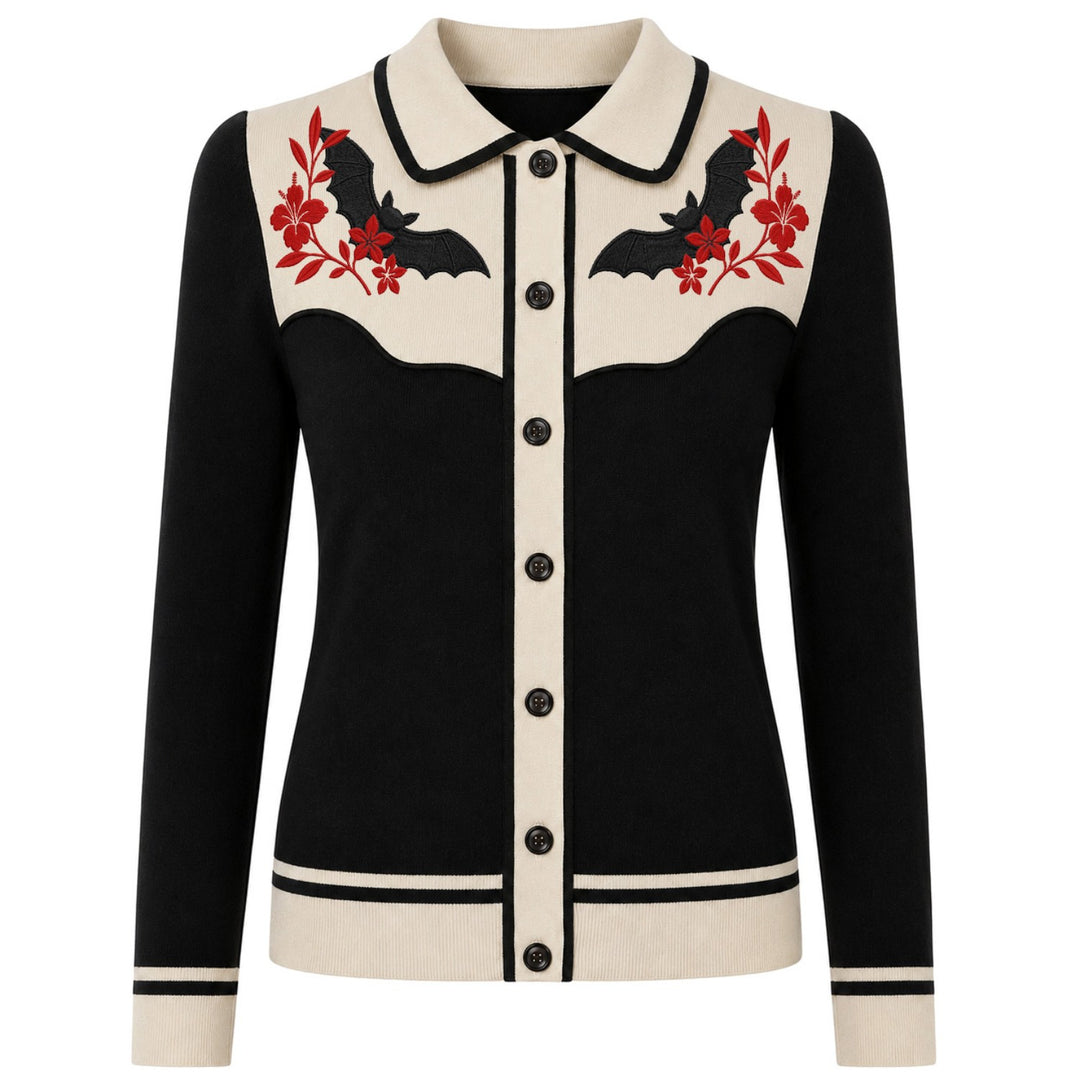 Damen Retro Strickjacke mit Planeten- und Raketenstickerei