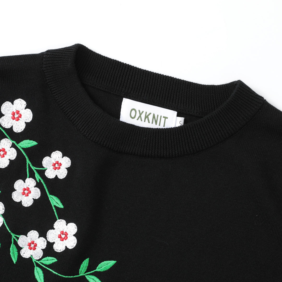 Women's Black Vintage Floral Embroidery Art Knitwear