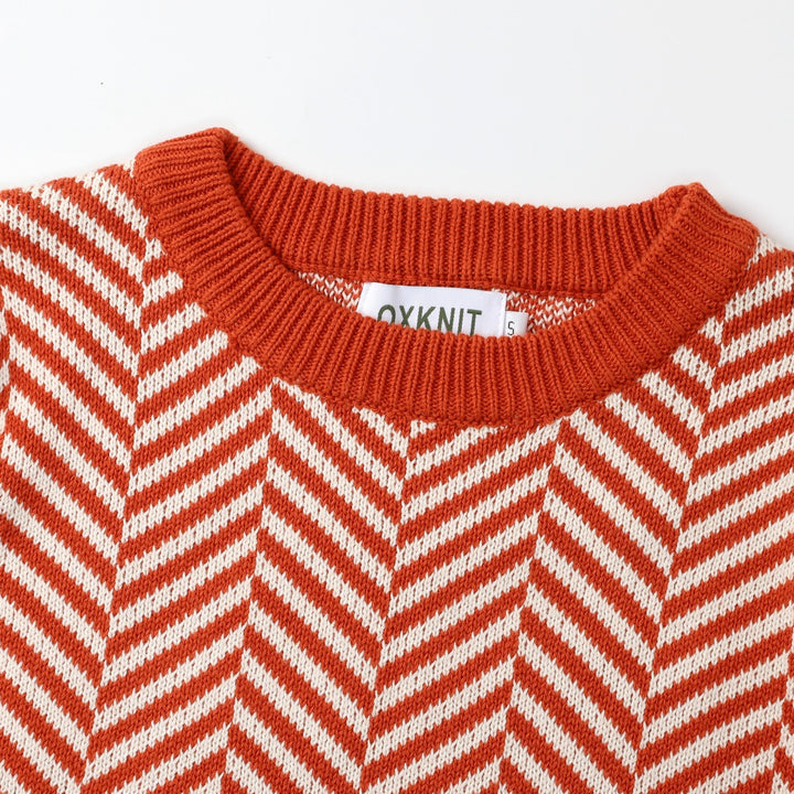 Women's Orange-Red Vintage Herringbone Jacquard Knitwear