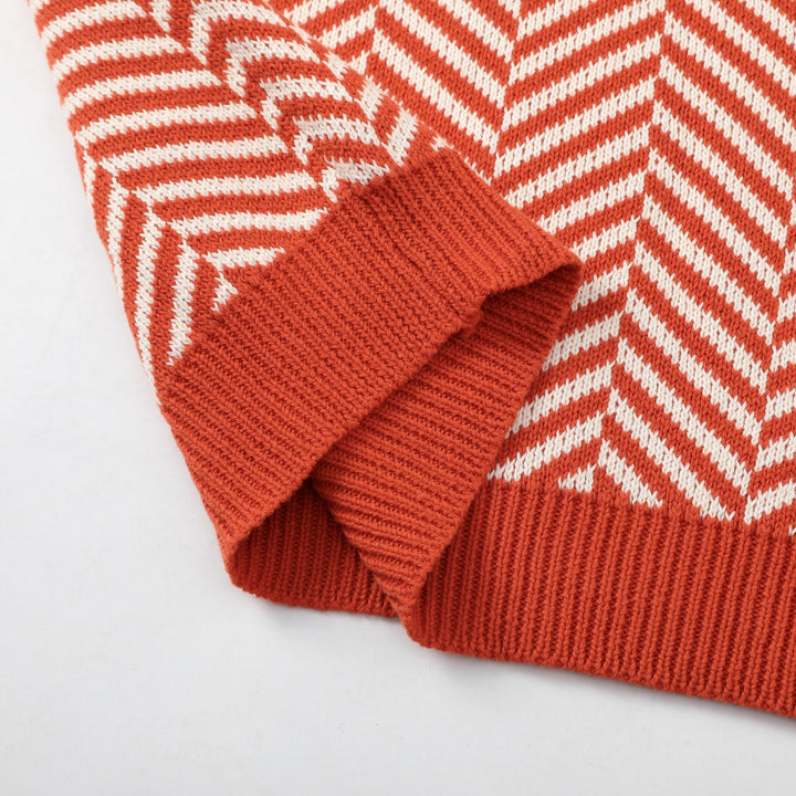 Women's Orange-Red Vintage Herringbone Jacquard Knitwear