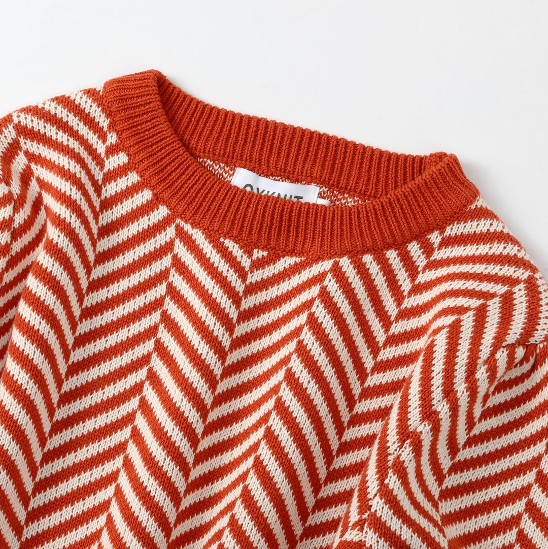 Women's Orange-Red Vintage Herringbone Jacquard Knitwear